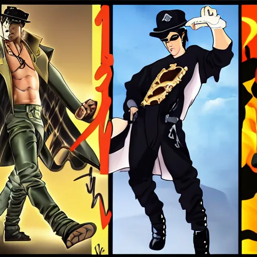 Image similar to kanye west vs ezra miller as jotaro vs dio, jojo, hd, anime art, jojo style