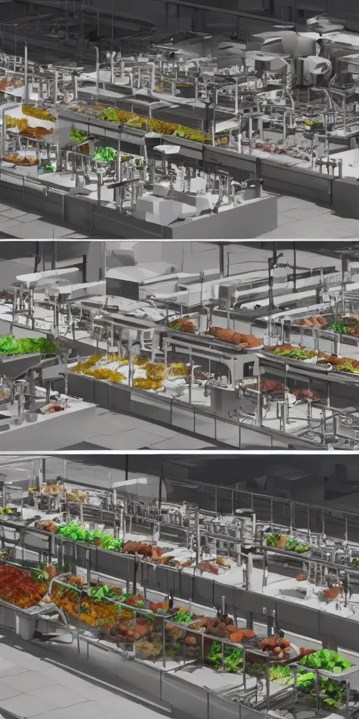 Prompt: concept art, industrial synthetic food production line. food, meat, fruit, vegetables, protein, organized, high detail, 8 k, octane rendering, unreal engine.