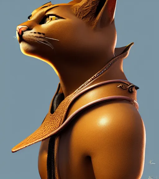 Prompt: tabaxi wearing leather by dariusz zawadzki, kenneth blom, desert, artstation, contemporary art, hyper detailed