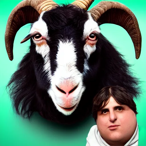 Image similar to andy milonakis as a goat, goat body, human head, anthropomorphic, 4 k, photorealistc, high details