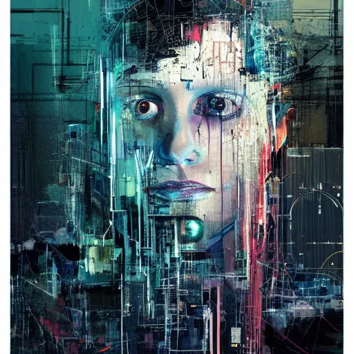 Image similar to portrait of a cyberpunk, wires, machines, in a dark future city by jeremy mann, francis bacon and agnes cecile, ink drips, paint smears, digital glitches glitchart c - 1 0