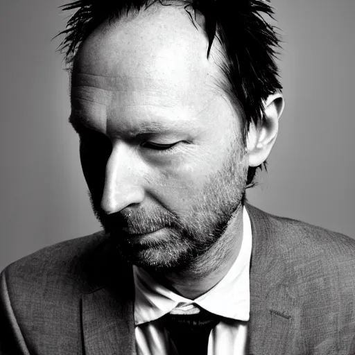 Prompt: a black and white photo of radiohead in a suit, a portrait by John E. Berninger, behance, private press, ultrafine detail, chiaroscuro, studio portrait