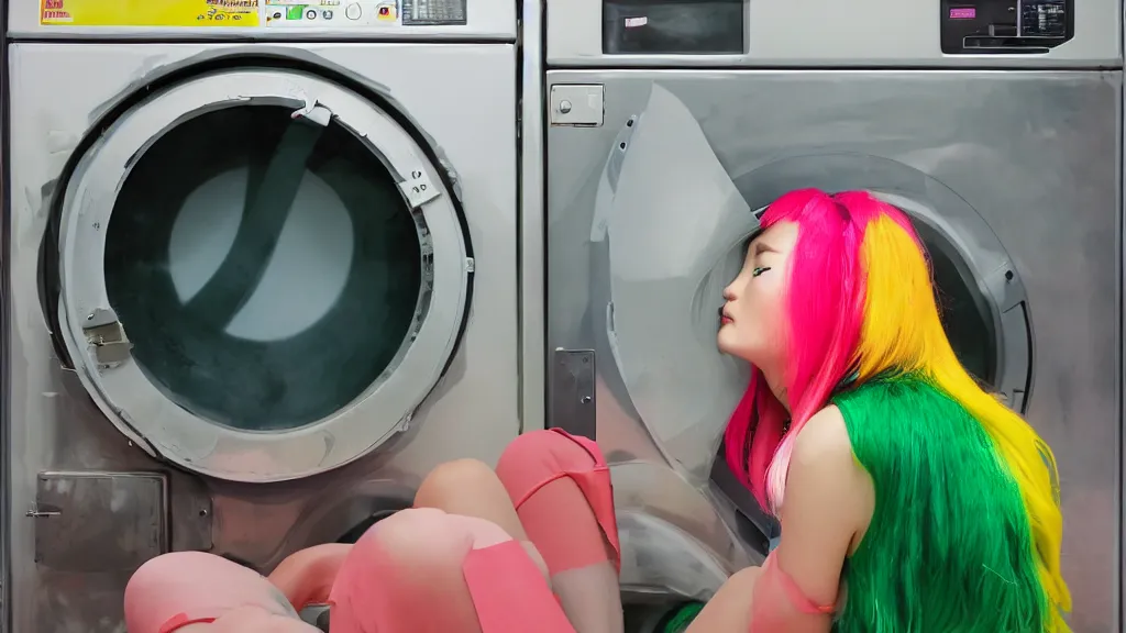 Image similar to a girl with green hair sitting on top of a washing machine in a laundromat in the style of Tsuguharu Fujita, pink yellow red and green