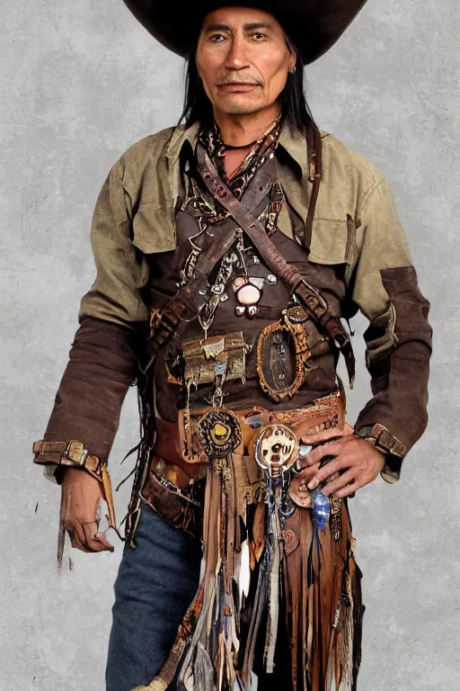 Prompt: thin native American Indian man in his 30s, wearing cargo buckskin jacket buckskin tactical toolbelt pockets bandolier full of trinket and baubles, steampunk arcane shaman, deadlands, weird west