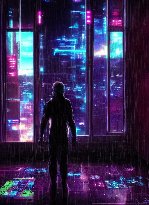 Image similar to lonely cyber person made of cosmic galaxy energy watching a vast rainy colorful complex cyberpunk futuristic city from behind at night through a window in a room, 8 k, photorealistic, concept art, wet, highly detailed, cinematic mood by ridley scott, ghost in the shell, akira, digital painting, trending on artstation, glowing lights, sharp focus, epic composition