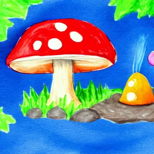 Prompt: a children painting of a cute creature sitting next to a mushroom, detailed, realistic