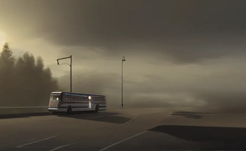 Image similar to exterior traveling greyhound bus circa 2 0 1 5, directed by charlie kaufman ( 2 0 0 1 ) anamorphic lenses, foggy volumetric light morning, cinematic trending on artstation in the style of greg rutkowski