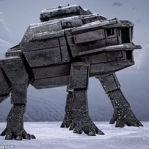 Image similar to a fusion between the tarrasque and an AT-AT, flat grey color, completely metal, walking across ice planet, hyper-realistic CG