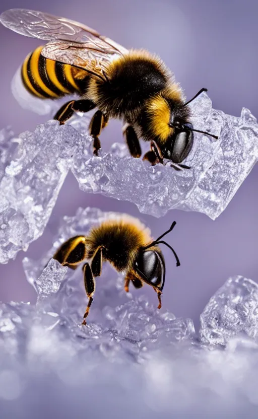 Image similar to a bee finding a beautiful flower, entrapped in ice, only snow in the background, beautiful macro photography, ambient light