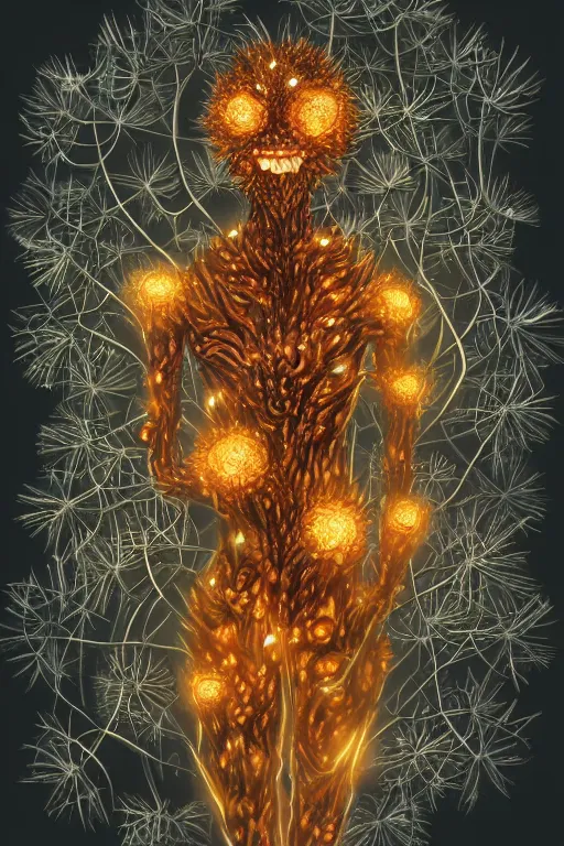 Image similar to a humanoid figure dandelion plant monster, amber eyes, highly detailed, digital art, sharp focus, ambient lighting, glowing, full body, trending on art station, anime art style