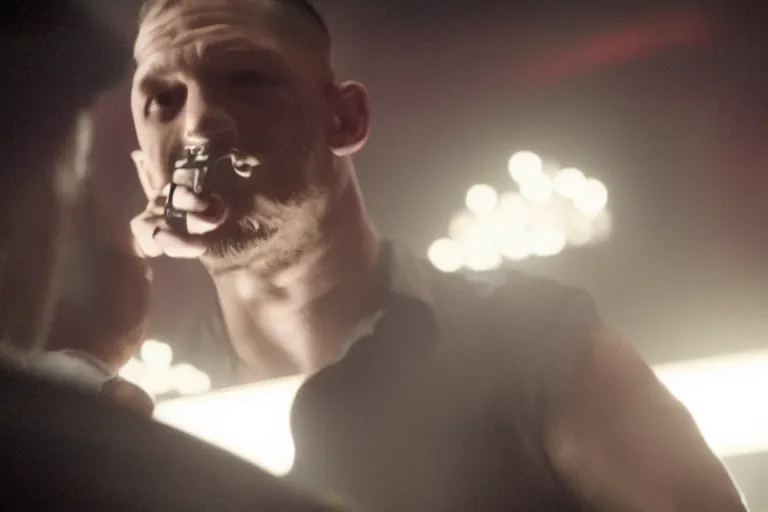 Image similar to film still of Tom Hardy as Max Payne in a nightclub with bright contrasting strobe lights in the Max Payne movie, 4k