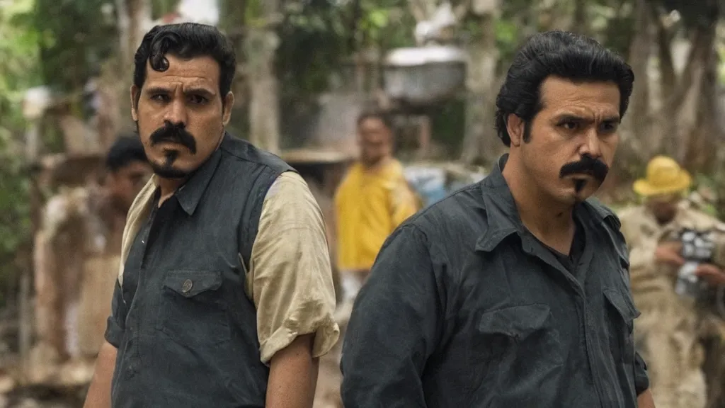 Prompt: A still of the drug kingpin El Mencho in the Narcos: Mexico TV show, yellow lighting