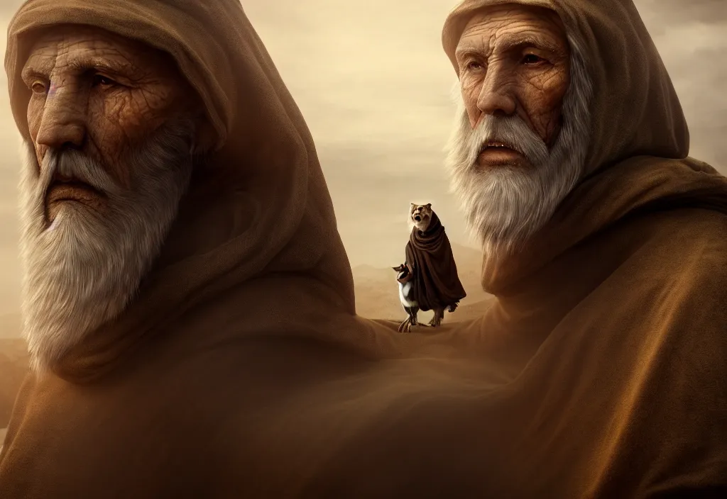 Image similar to a hooded wise lonely old man with a long white beard wearing a brown hooded tunic, the man riding is on the lion, the wise man is riding on top, he is all alone, majestic, epic digital art, cinematic, trending on artstation, superb detail 8 k, wide angle shot, masterpiece