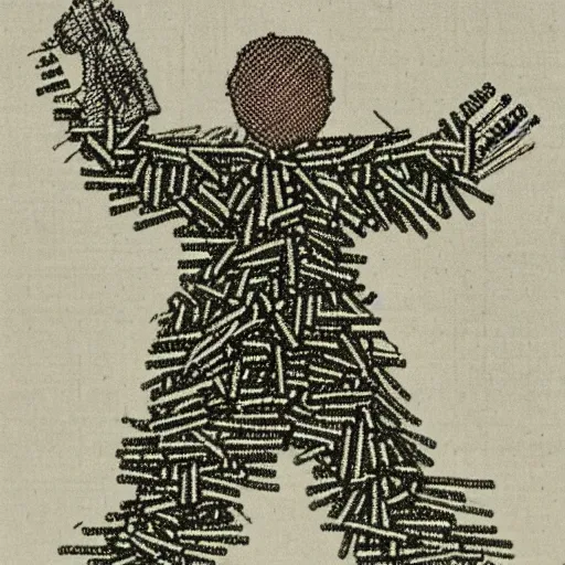 Prompt: a child drawn out of needles in a crowd of haystacks