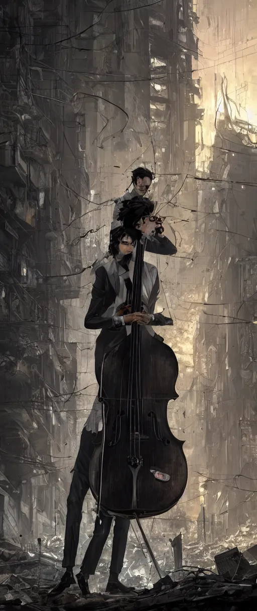 Image similar to a highly detailed portrait of a singular cellist with a detailed face portraying sorrow in a tuxedo playing in the rubble of a burning cyberpunk city, sorrow, pain, beautifully lit, concept art, sharp focus, in the style of pascal blanche and Hayao Miyazaki, artstation HD, cgsociety, octane render