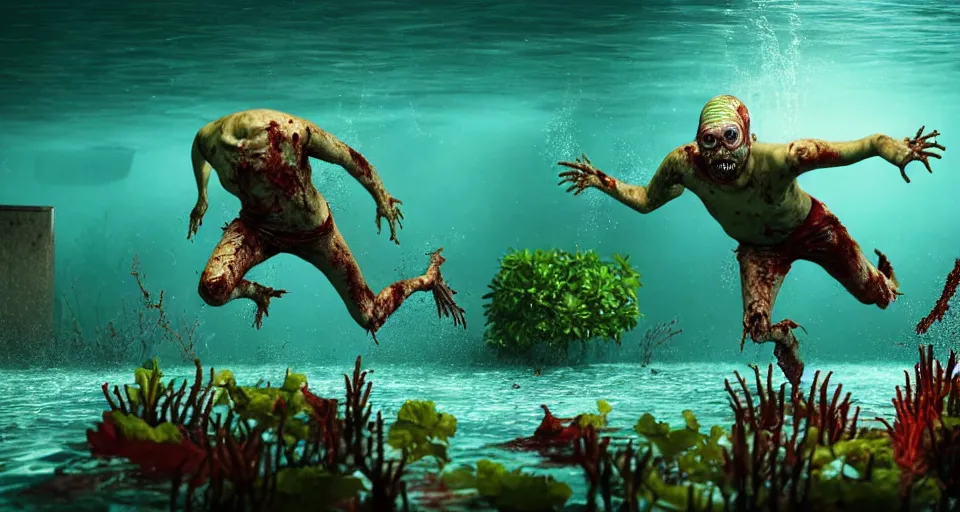 Image similar to highly detailed full body portrait of a zombie swimming underwater in a zombie - apocalypse, in a swimming pool, style of plants vs zombies, octane render