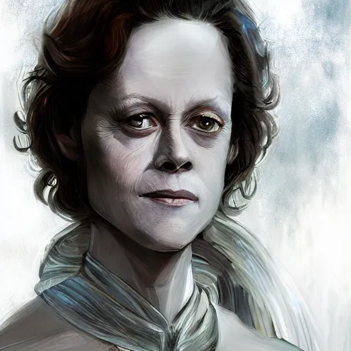 Image similar to young sigourney weaver as a d & d wizard, character portrait by wlop