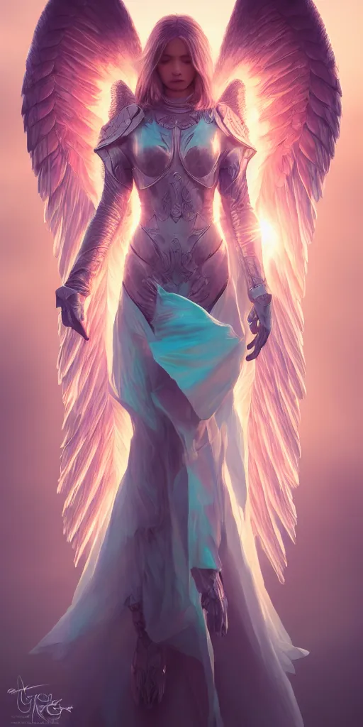 Image similar to angel with big wings, low key light, full plate armor with cloth, f 1 6, bokeh, extreme close up portrait, gentle, female, mountain, storm, god rays, landscape, d & d, fantasy, elegant, teal pink white gold color palette, concept art, moebius, greg rutkowski, alphonse mucha