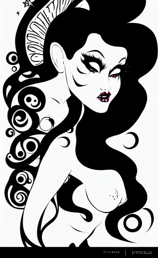 Image similar to fairy with a detailed face and black hair, burlesque psychobilly, rockabilly, punk, wide angle shot, white background, vector art, illustration by frank frazetta