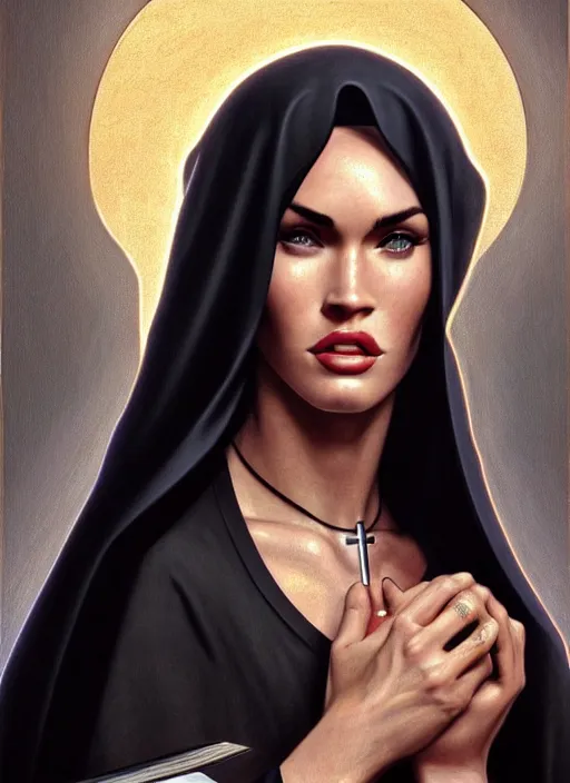 Image similar to portrait of megan fox as a sultry nun, bible, catholic, religion, cross, prayer, church, intricate, headshot, highly detailed, digital painting, artstation, concept art, sharp focus, cinematic lighting, illustration, art by artgerm and greg rutkowski, alphonse mucha, cgsociety