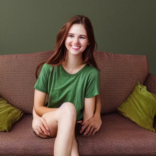 Image similar to a cute young woman smiling, long shiny bronze brown hair, full round face, green eyes, medium skin tone, light cute freckles, smiling softly, wearing casual clothing, relaxing on a modern couch, interior lighting, cozy living room background, medium shot, mid-shot, soft focus