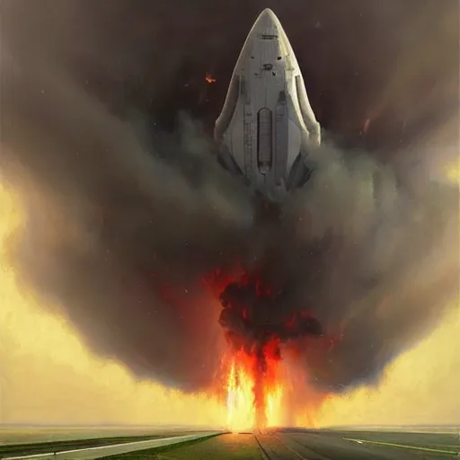 Image similar to a huge spaceship landing, the spaceship is on fire, smoke, rainstorm, lightning, angry, kinetic, john sargent, adolphe bouguereaum, norman rockwell, style by peter deligdisch, concept art by jama jurabaev, trending on artstation, highly detailed oil painting,