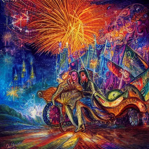 Image similar to album cover design by Josephine Wall, fireworks and cozy nook, digital art