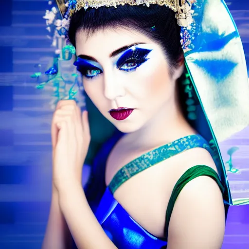 Prompt: portrait of a madonna as a geisha dressed in metallic blue clothes, futuristic makeup in a studio with green lights behind, award winning photography