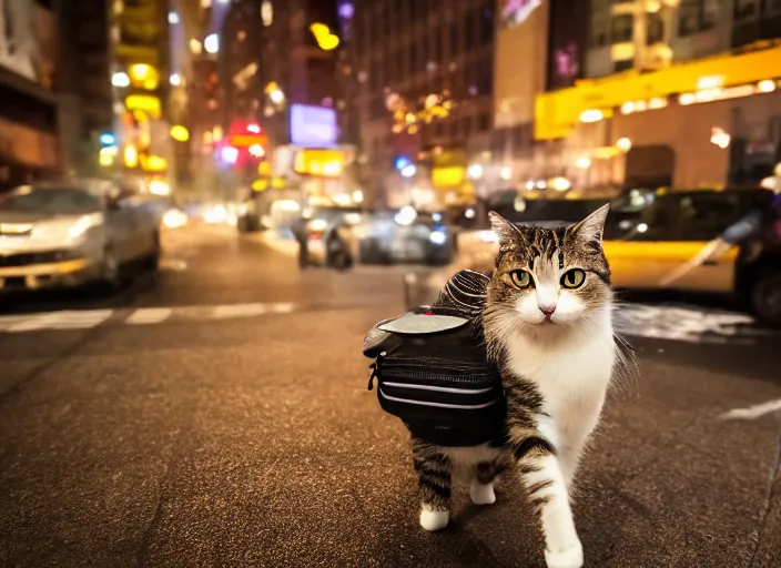 Image similar to photography of a Cat being carried in a backpack . in a new york street. award winning photo, led lighting, night, 130mm, sharp, high res