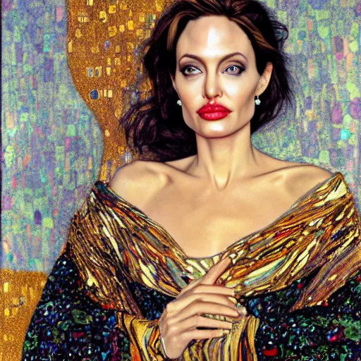 Image similar to an amazing award winning photo of angelina jolie as of adele bloch - bauer by gustav klimt