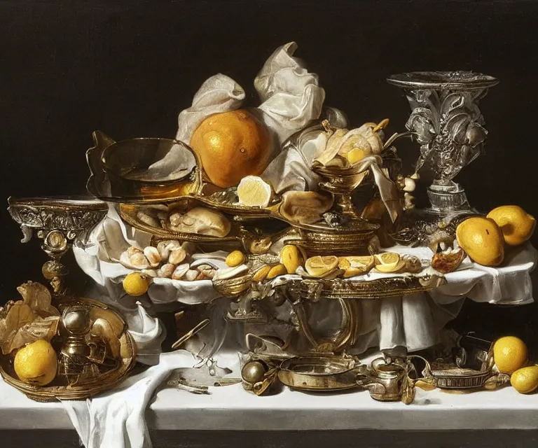 Prompt: still life by willem claesz heda, overturned ornate chalice, baby bunnies, surreal glass goblets, bread, olives, oysters, peeled lemons, linen, a house fly, silver platter, leftover meat pie,