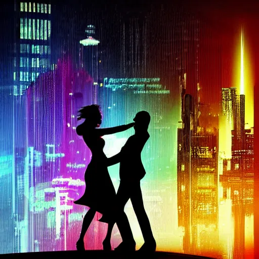 Prompt: digital art cyberpunk cityscape nighttime silhouette of a couple dancing in the foreground painted by turner 1860