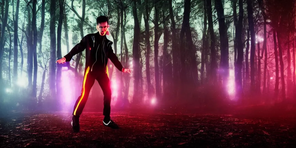 Prompt: slow motion film still of futuristic break dancer wearing dark suit with neon lights, long exposure shot , at night in the middle of a rainy forest, rim lights, glossy reflections, octane render, detailed and soft