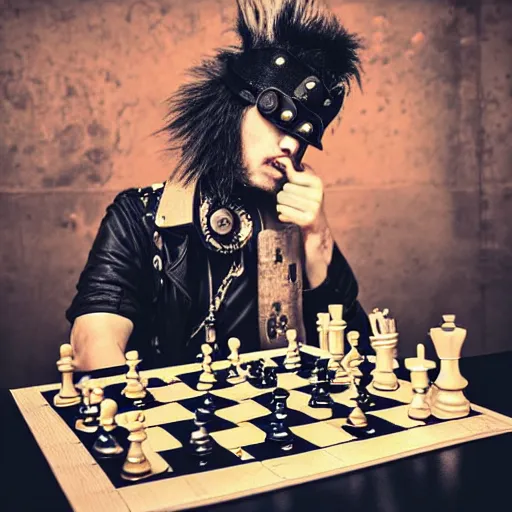 Prompt: punk rocker playing chess, steampunk