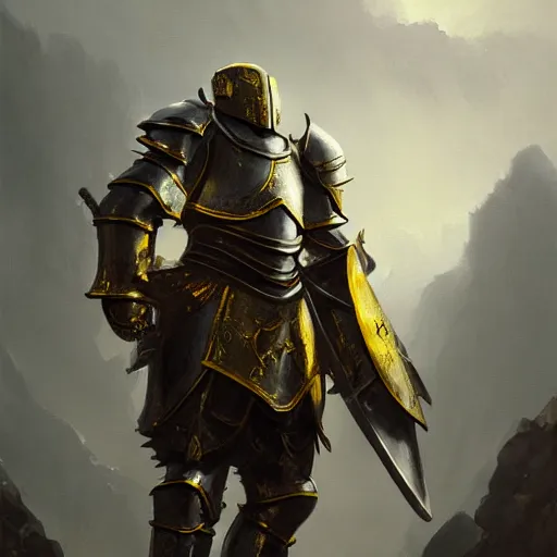 Image similar to anthropomorphic knight warrior in battle wearing black and gold plate armor, oil painting, Tooth Wu, Greg Rutkowski, RPG, dynamic lighting, fantasy art, High contrast, depth of field, landscape, scenery