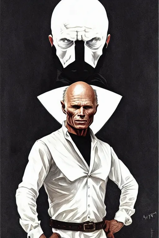 Image similar to ed harris as the man in black, westworld, wearing an all white outfit in the style of art by artgerm and greg rutkowski and alphonse mucha