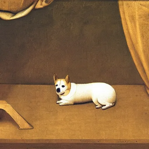 Prompt: very sad crying corgi sitting behind laptop on bed among the greenery, oil painting by Leonardo Da Vinci