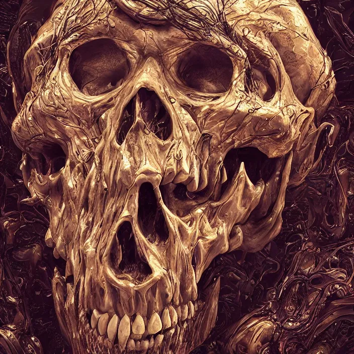 Image similar to portrait of a melting human skull. razor sharp teeth. nightmare fuel. intricate abstract. intricate artwork. by Tooth Wu, wlop, beeple, dan mumford. octane render, trending on artstation, greg rutkowski very coherent symmetrical artwork. cinematic, hyper realism, high detail, octane render, 8k, iridescent accents