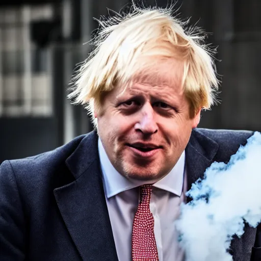 Image similar to medium shot photo of Boris Johnson with a joint with smoke coming out, 4k, ultra HD