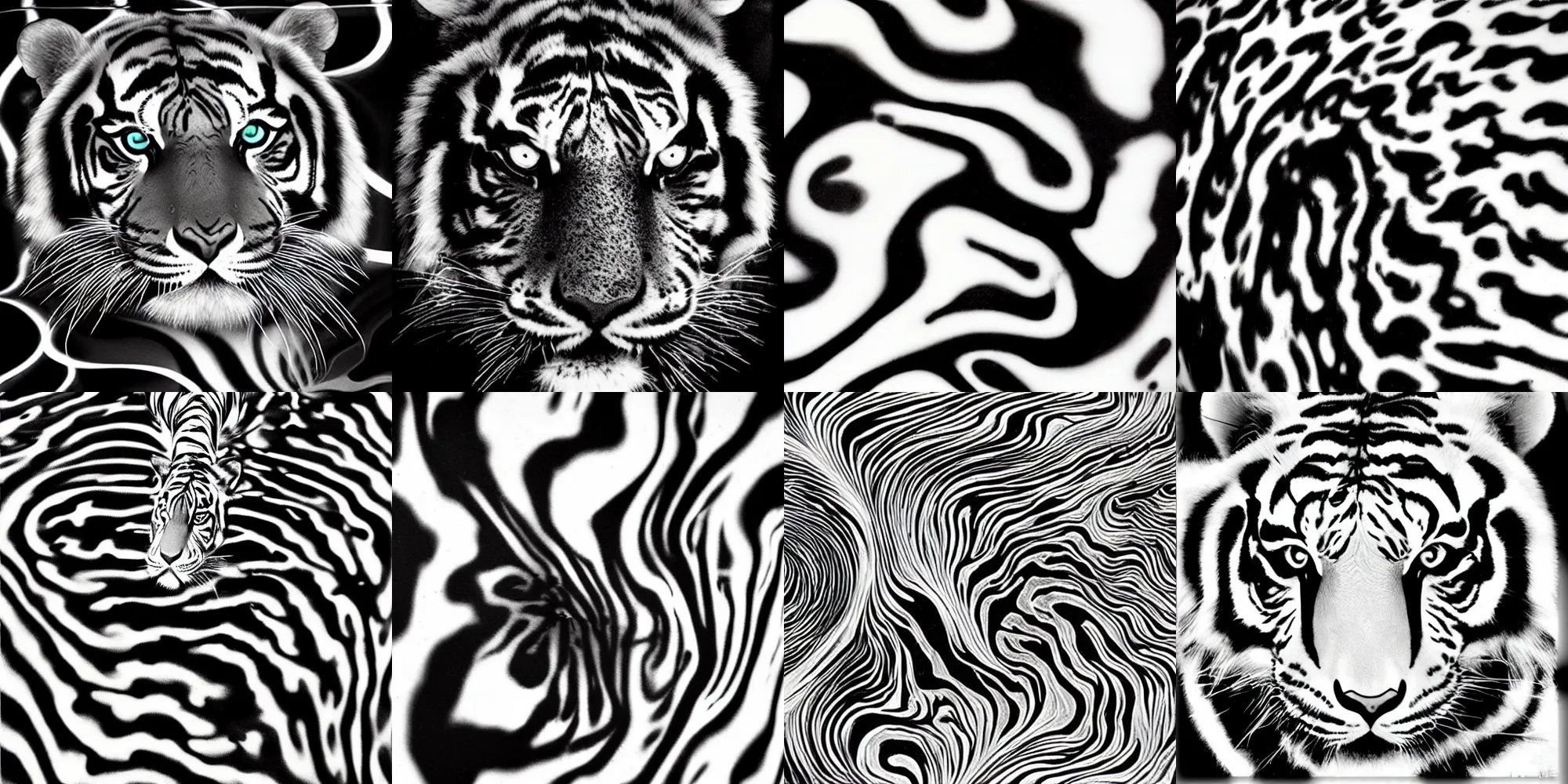 Prompt: reaction diffusion, water, abstract, liquid, swirly, black and white tiger, ink, latte art