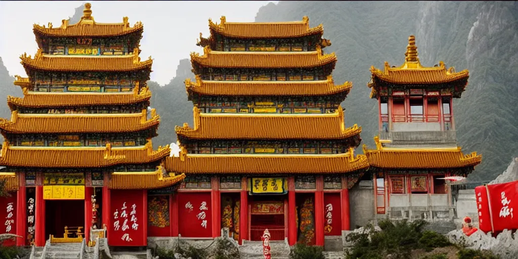 Prompt: a very high resolution image from a new movie, upside - down old yellow chinese temple, beautiful scenery, photorealistic, photography, directed by wes anderson