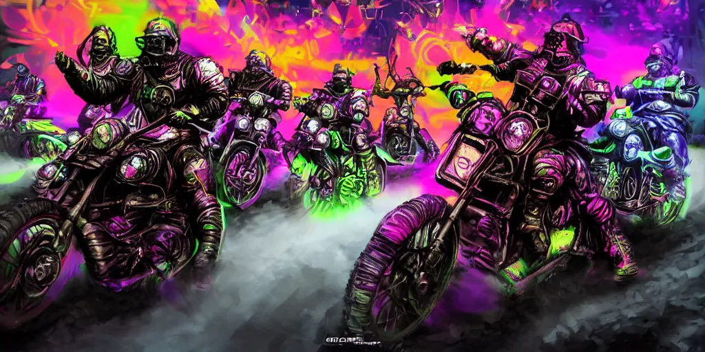 Image similar to psychedelic blacklight neon airbrush artwork, motorcycles, hyper stylized cinematic action shot of orcs in battle armor racing on motorcycles, menacing orcs, drifting, skidding, wheelie, clear focused details, soft airbrushed artwork, black background, post apocalypse, cgsociety, artstation