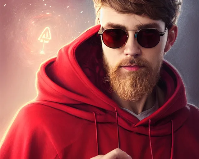 Prompt: a mind - blowing portrait of a wizard wearing sunglasses, male, wearing a red hoodie, deep focus, d & d, fantasy, intricate, elegant, highly detailed, digital painting, artstation, concept art, matte, sharp, illustration, hearthstone, art by artgerm and greg rutkowski and alphonse mucha