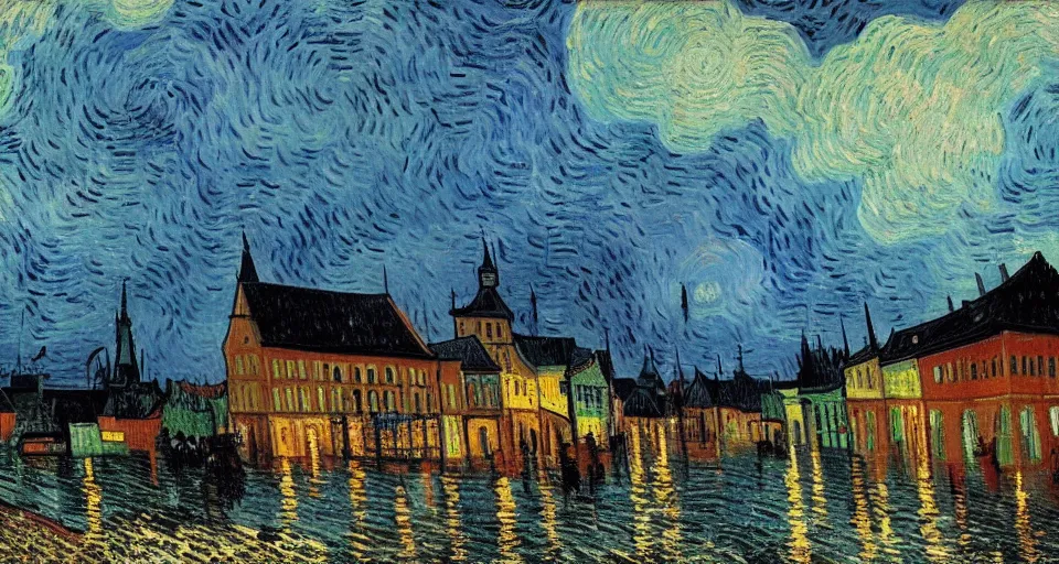 Image similar to dramatic landscape art of a german town being flooded during a thunderstorm, background art, concept art, dramatic lighting, trending on artstation, by Vincent Van Gogh