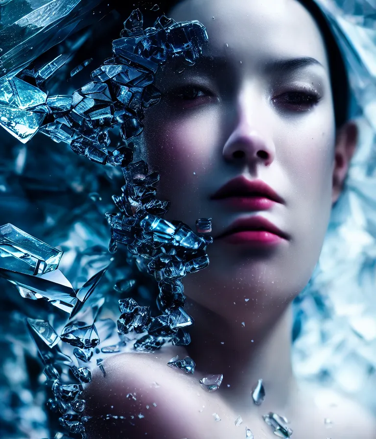 Image similar to impressive ominous cinematic fine portrait photo of a angle rigid shattered crystal volumetric dynamic fluid simulation lighting impressive masterpiece hyper ultra detailed intricate sharp focus 8 k realistic illustration canon eos r 3 fujifilm x - t 3 0 sony alpha, by james gurney tooth wu artgerm colorful, trending on artstation, cgsociety, octane render nvidia raytracing demo