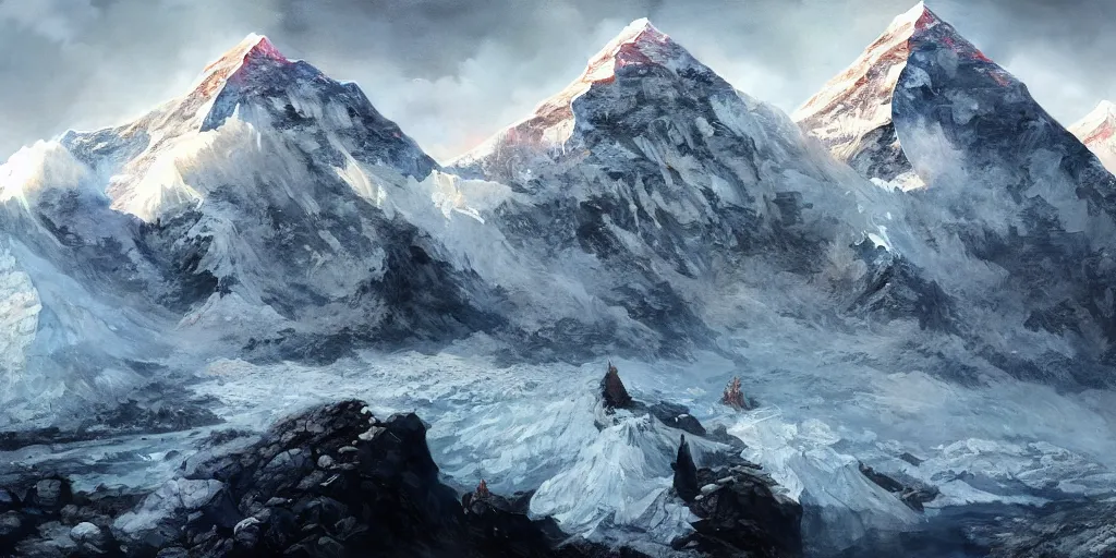 Image similar to mount everest dramatically falling apart, dim volumetric lighting, 8 k octane render, post - processing, extremely hyper detailed, intricate, epic composition, cinematic lighting, masterpiece, trending on artstation, stunning art by anders zorn, wonderful masterpiece by greg rutkowski