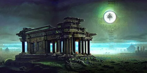 Image similar to beautiful hyperrealistic spectacular painting of intricate ruins of the mysterious futuristic ancient temple, an advanced alien technology clockwork timemachine with a green glowing crystal from the future is inside the temple, by hubert robert and lee madwick and bastien lecouffe deharme, dramatic moonlight lighting