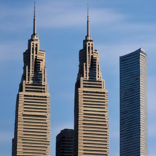 Image similar to sideways Twin Towers collapse horizontally in the cloudless Tuesday sky