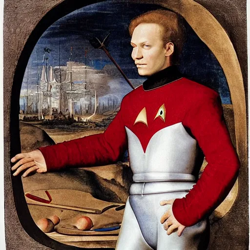 Image similar to starfleet uniform, a knight of the round table in starfleet uniform, by agnolo bronzino and giovanni bellini