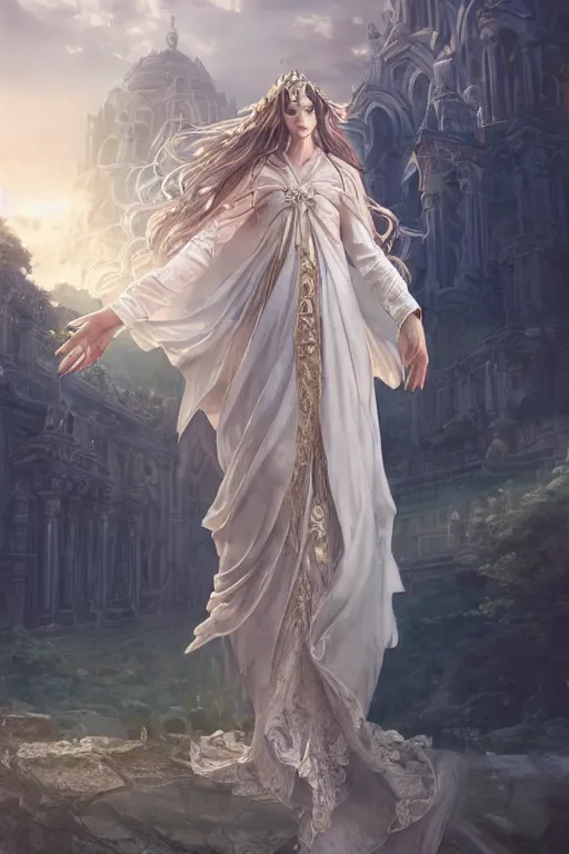 Image similar to a beautiful sorceress floating on air with elegant looks, flowing robe, ornate and flowing, intricate and soft by miho hirano, ruan jia, yoshitaka amano, wlop, beautiful roman architectural ruins in the background, epic sky, vray render, artstation, deviantart, pinterest, 5 0 0 px models